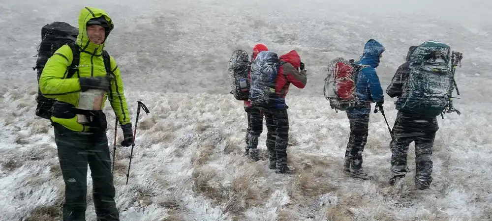 Hiking in snowfall